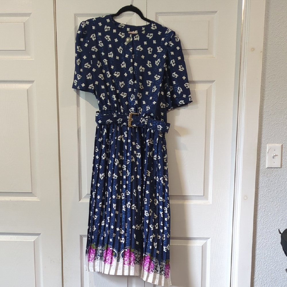 Blue and Pink Midi Dress with Belt